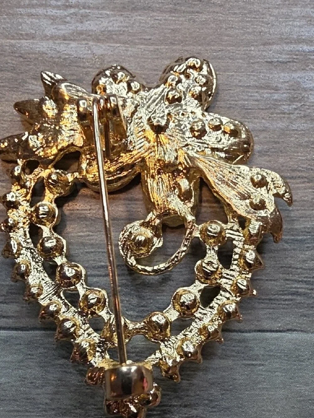 Gold Crystal Floral Heart Brooch - Gold